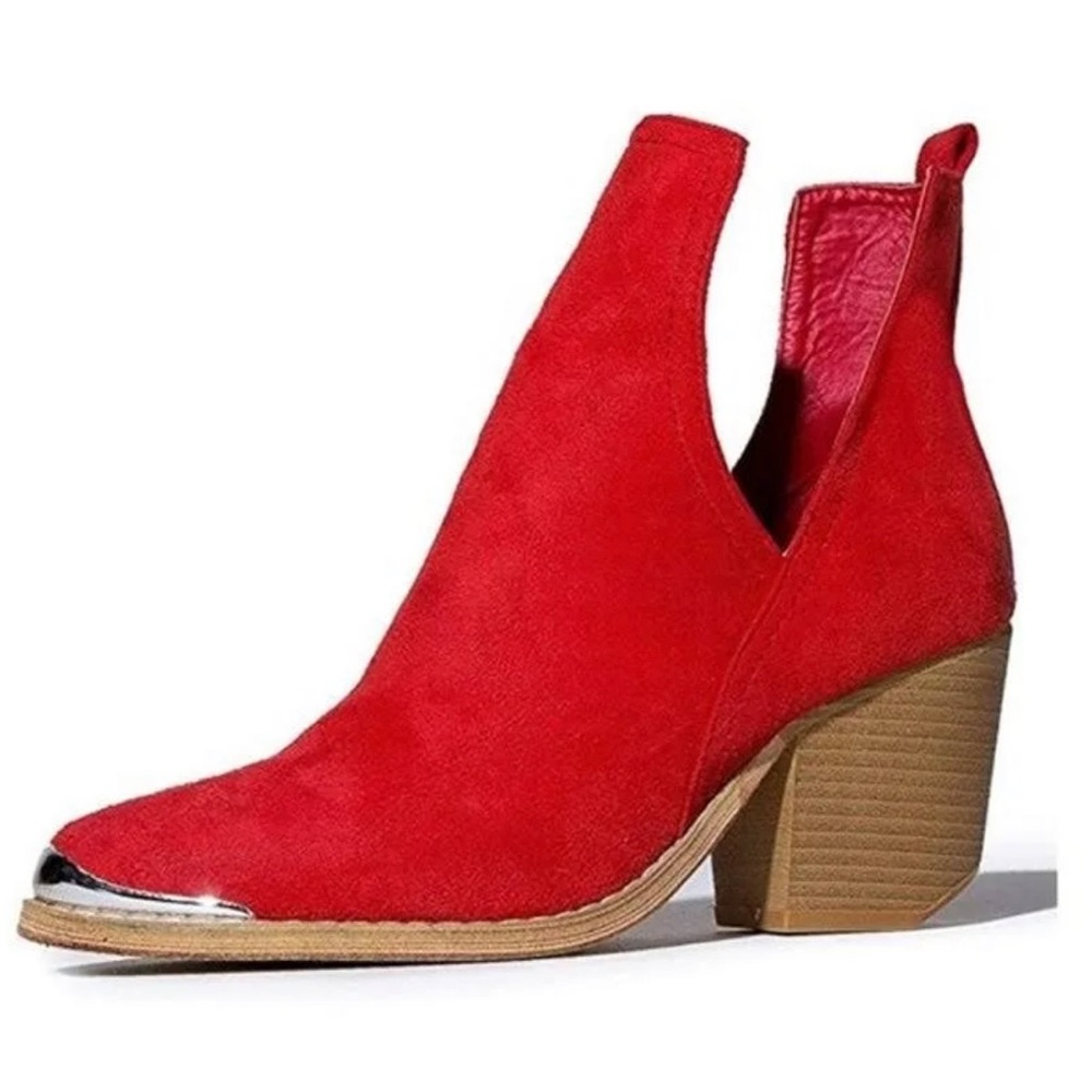 YDN Red Low Heel Faux Suede Cut Out Metal Toe Ankle Booties - NWOT Size: 7.5